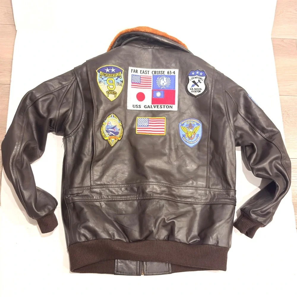Men's Cockpit Aviator Leather Bomber Jacket with Patches L Large - Picture 5 of 16